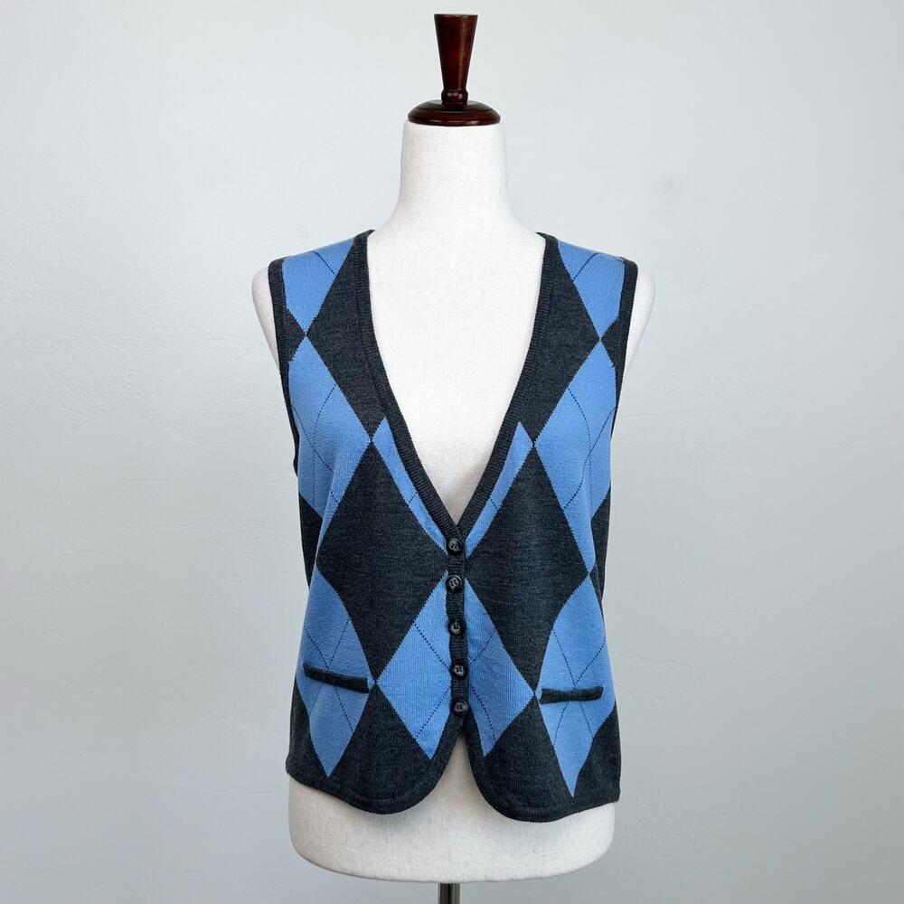 Talbots Argyle Knit 100% Merino Wool Blue Preppy Academia Sweater Vest MEDIUM
